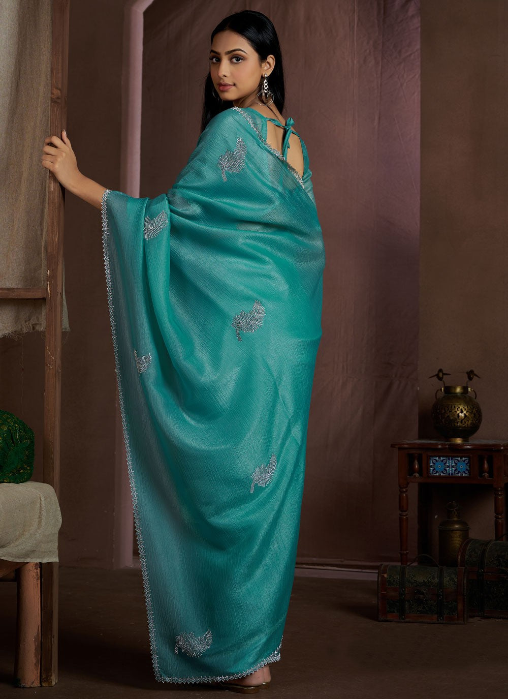 Trendy Cutdana Crush Blue, Turquoise Saree - S10660