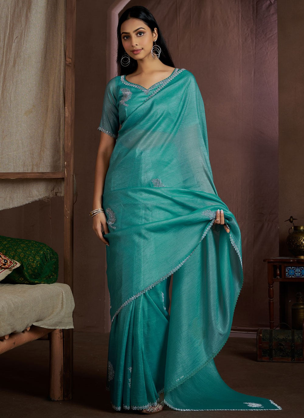 Trendy Cutdana Crush Blue, Turquoise Saree - S10660