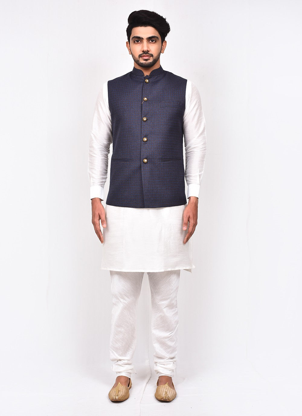 Buttons Art Silk, Rayon Blue, White Kurta Payjama With Jacket - M3270