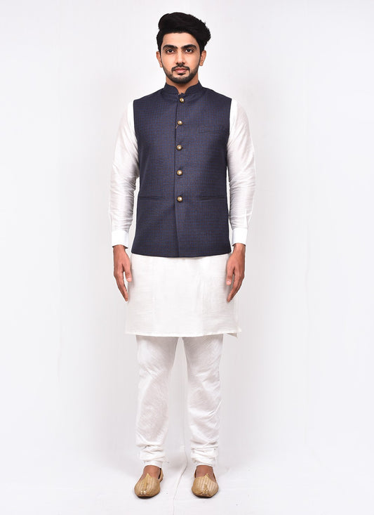 Buttons Art Silk, Rayon Blue, White Kurta Payjama With Jacket - M3270