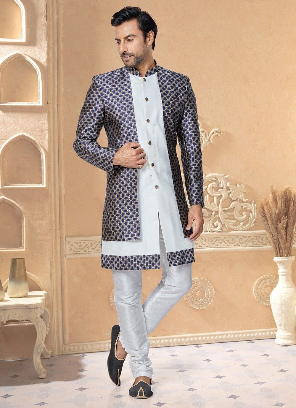 Embroidered Dupion Silk, Jacquard Silk Blue, White Indo Western - M5015