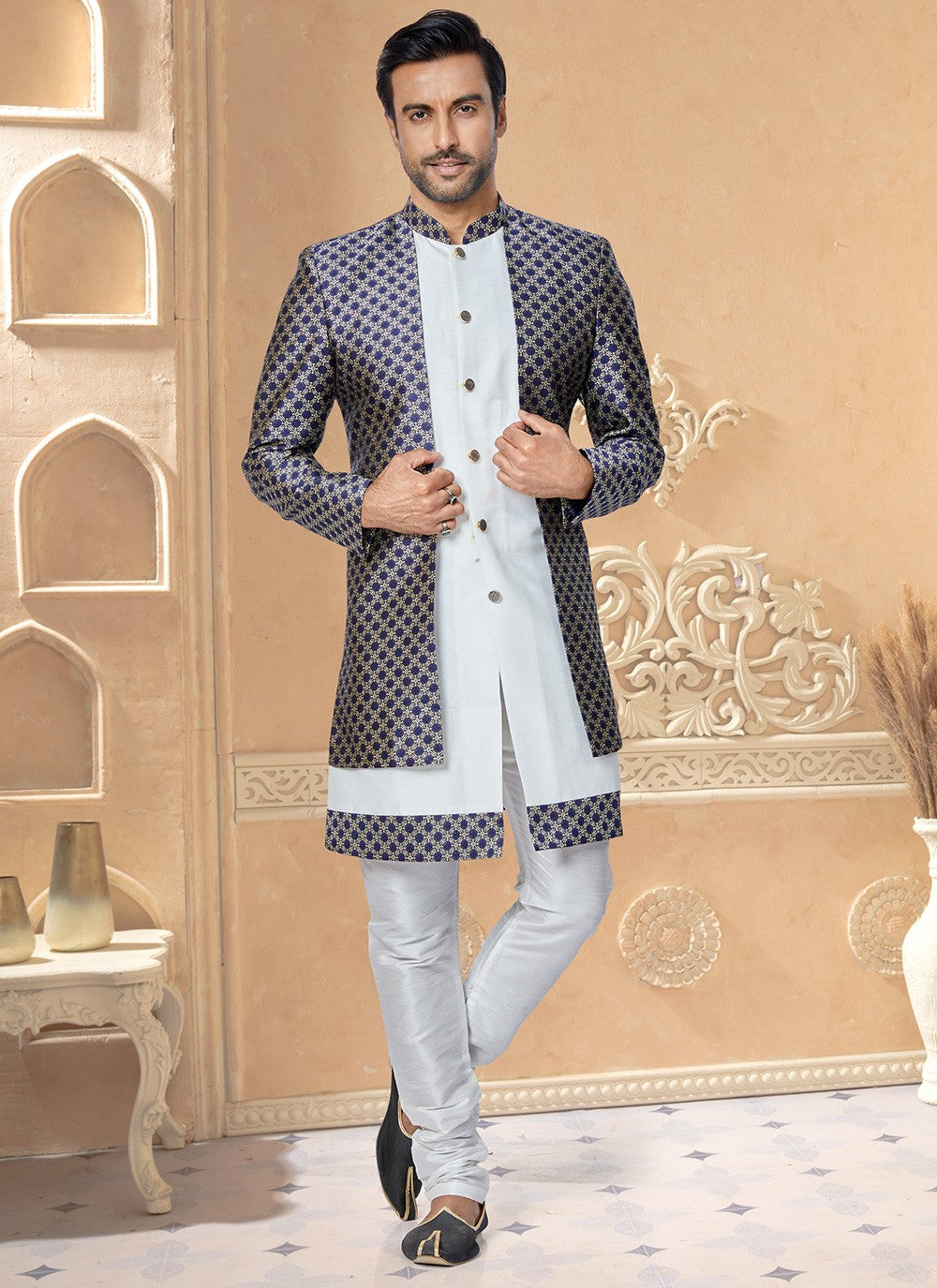 Embroidered Dupion Silk, Jacquard Silk Blue, White Indo Western - M5015