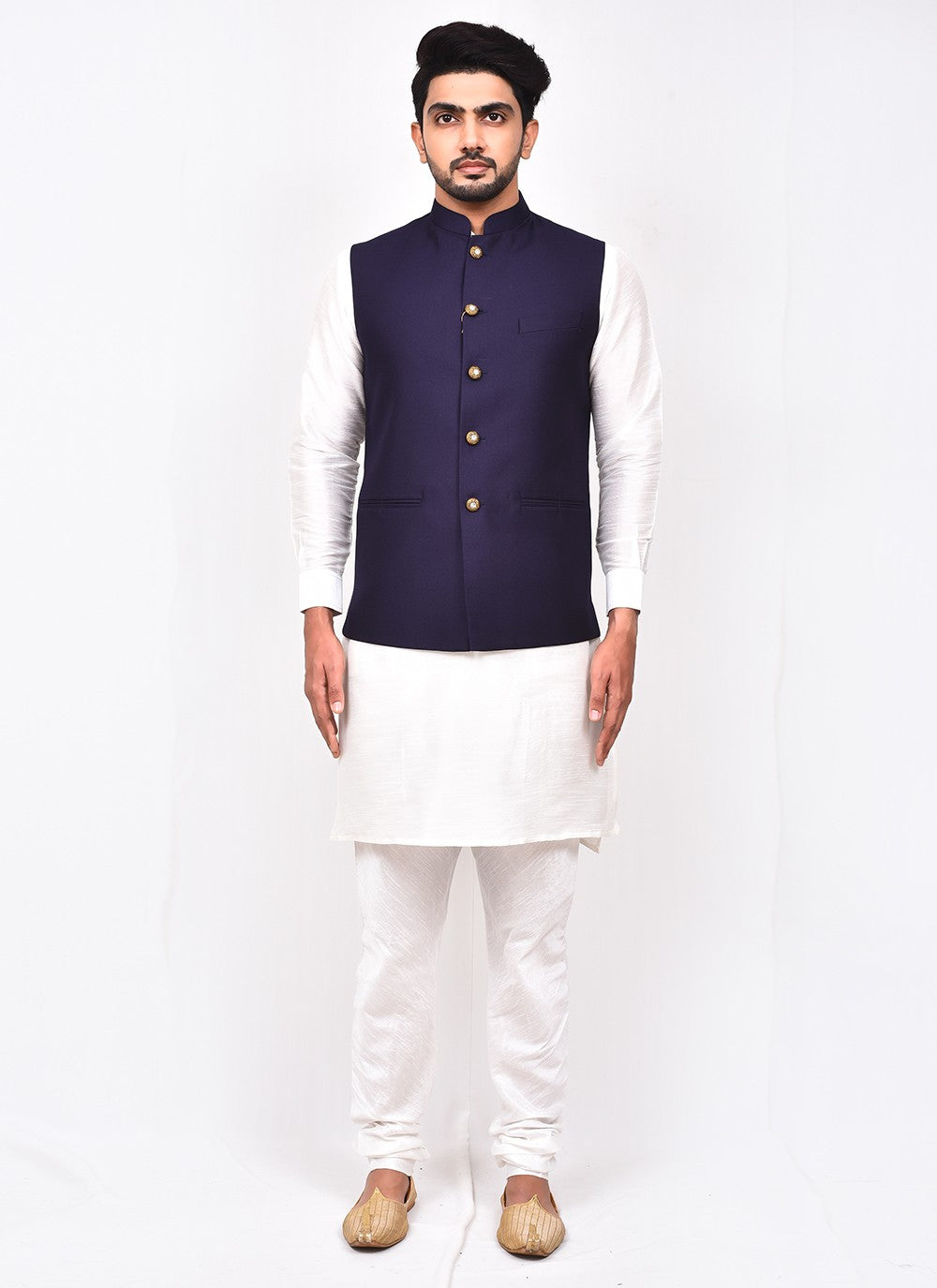 Buttons Art Silk, Rayon Blue, White Kurta Payjama With Jacket - M3267