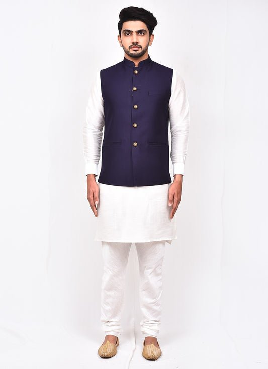 Buttons Art Silk, Rayon Blue, White Kurta Payjama With Jacket - M3267