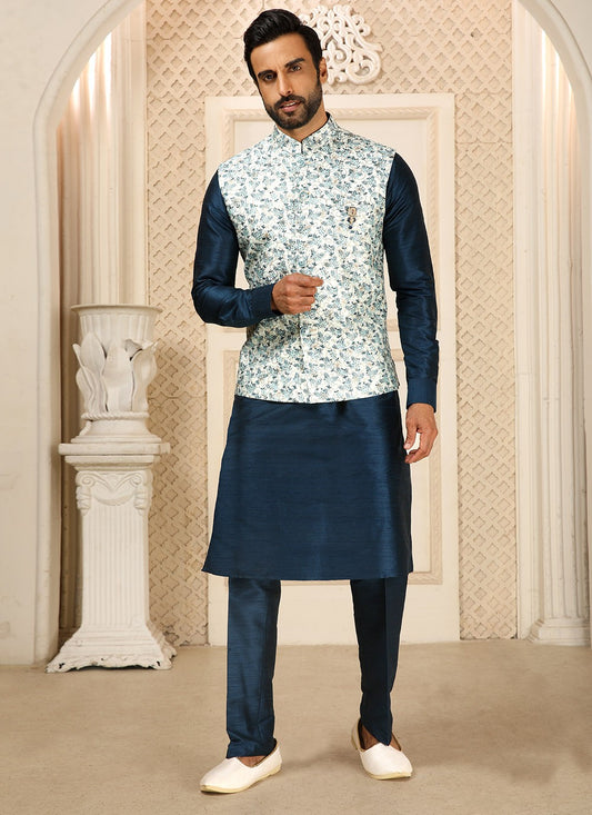 Digital Print Banarasi Silk Blue, White Kurta Payjama With Jacket - M4287