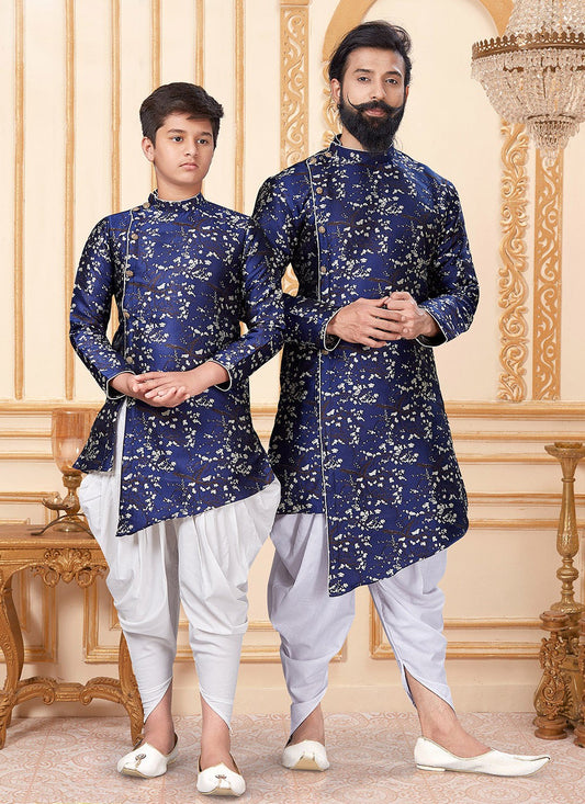 Woven Jacquard Silk Blue, White Indo Western - M1930