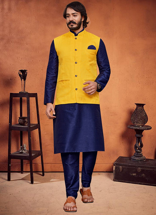 Plain Art Silk, Jute Silk Blue, Yellow Kurta Payjama With Jacket - M2044