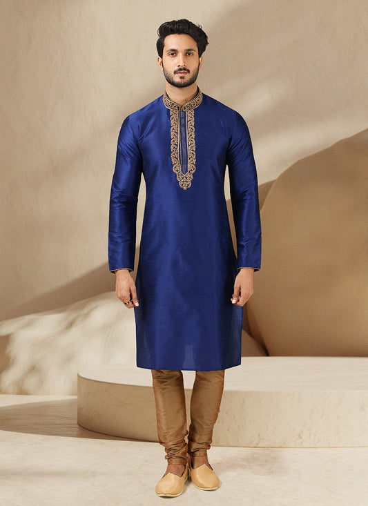 Embroidered Banarasi Silk Blue Kurta Pyjama - M3229