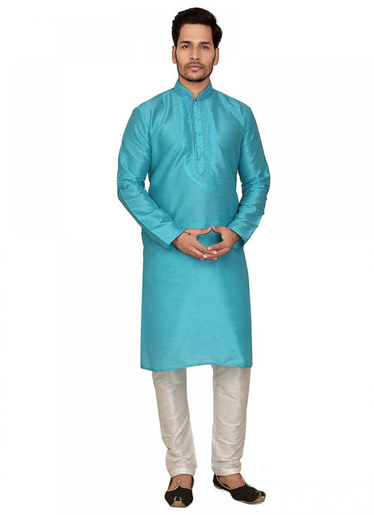 Plain Art Dupion Silk Blue Kurta Pyjama - M1148