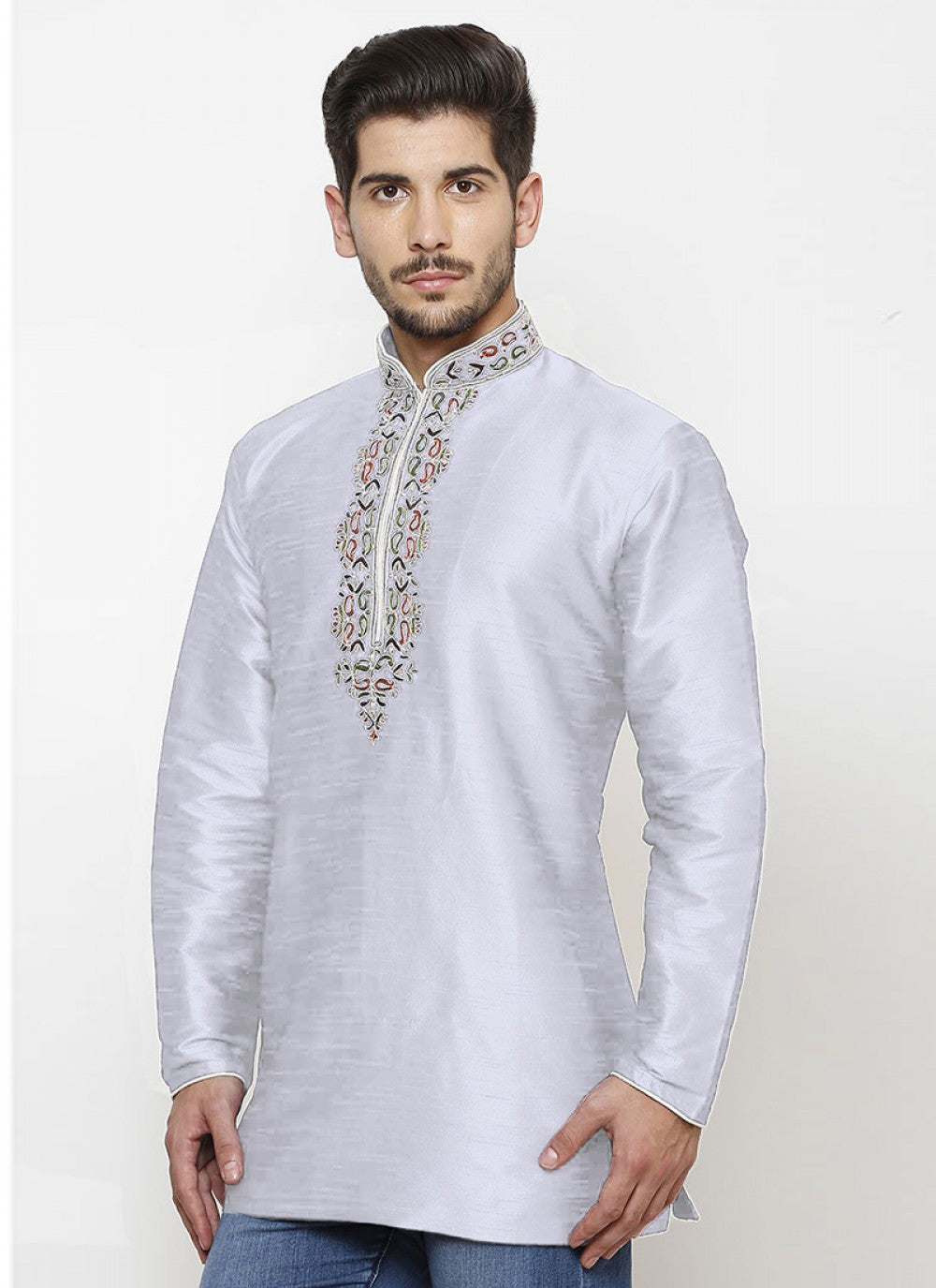 Embroidered Art Dupion Silk Silver Kurta - M1242