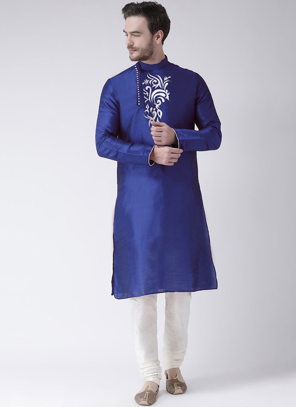 Embroidered Art Dupion Silk Blue Kurta Pyjama - M4214