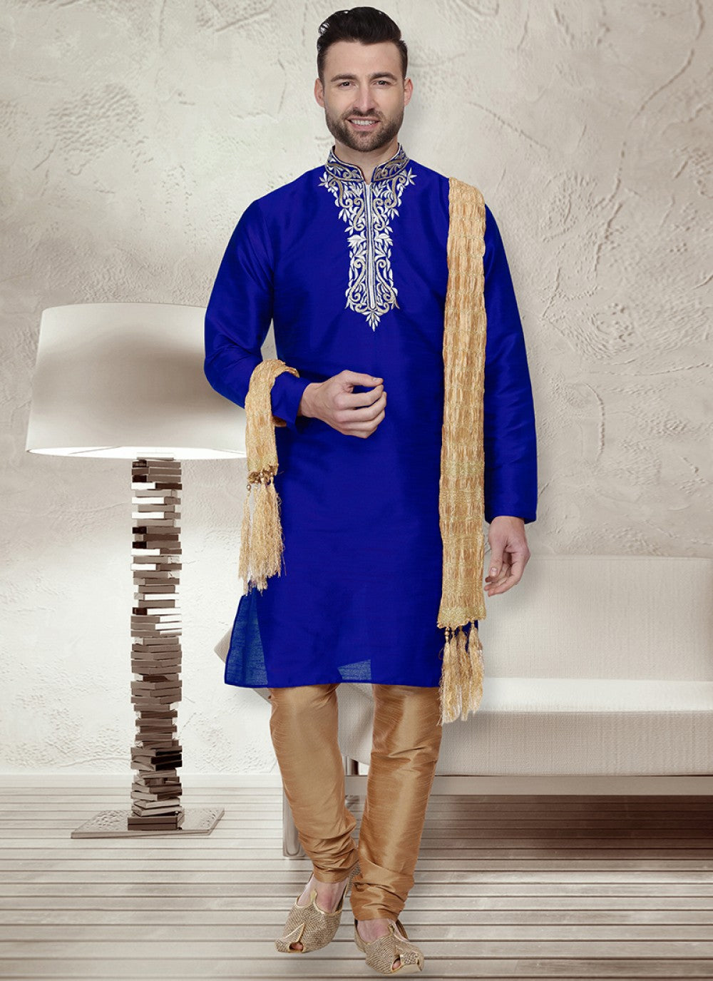 Stones Art Dupion Silk Blue Kurta Pyjama - M1226