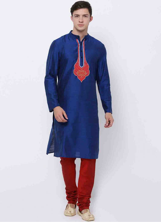 Embroidered Art Dupion Silk Blue Kurta Pyjama - M1658