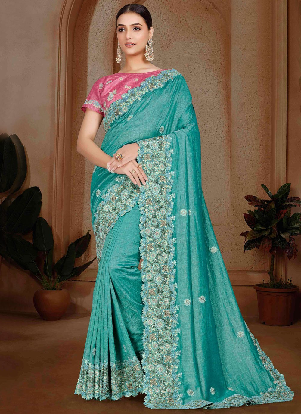 Border Work, Cut Work, Embroidered, Moti, Stones Art Silk Saree - S12121