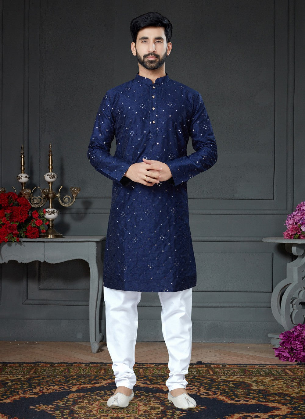 Embroidered Art Silk Cotton Blue Kurta Pyjama - M4148