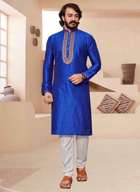 Embroidered Art Silk Blue Kurta Pyjama - M2053