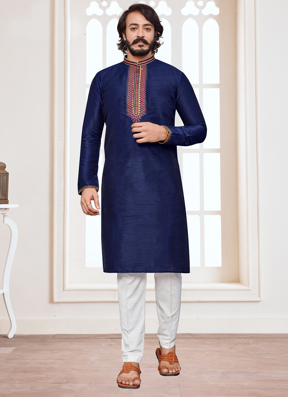 Embroidered Art Silk Blue Kurta Pyjama - M2014