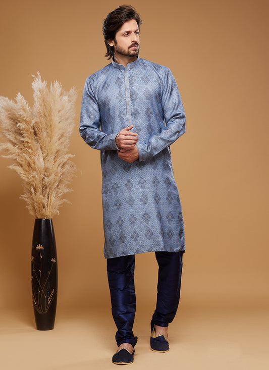 Digital Print Art Silk Blue Kurta Pyjama - M6038