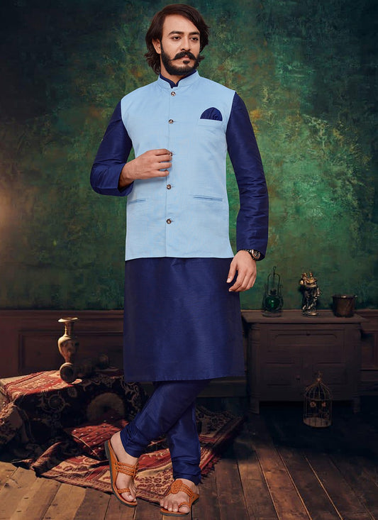 Plain Art Silk, Jute Silk Blue Kurta Payjama With Jacket - M2042