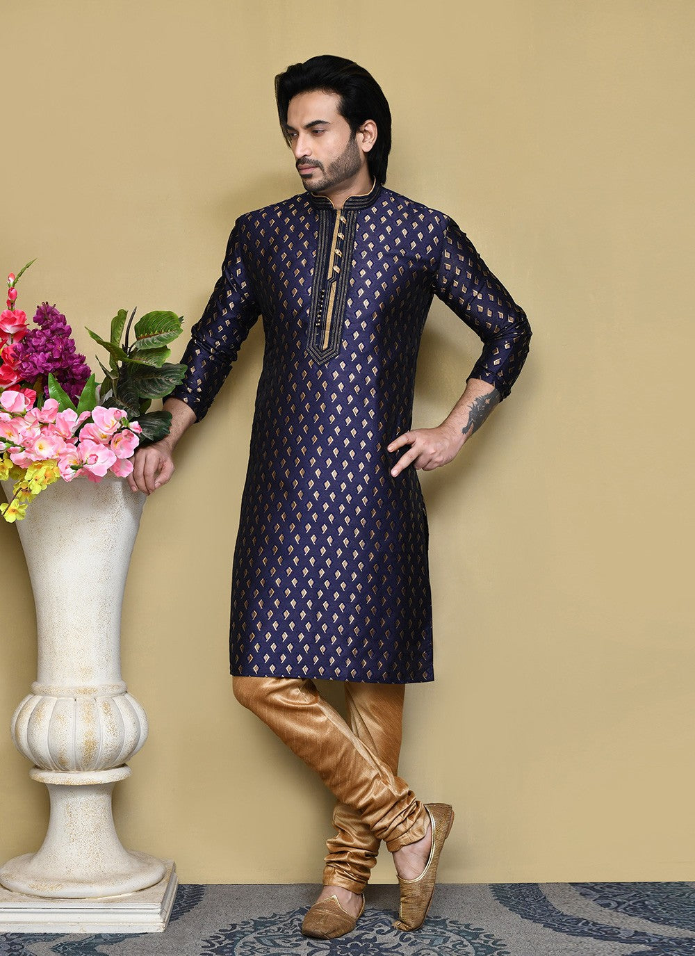 Resham Art Silk Blue Kurta Pyjama - M7834