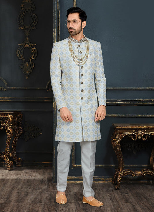 Embroidered Banarasi Jacquard Blue Sherwani - M3104