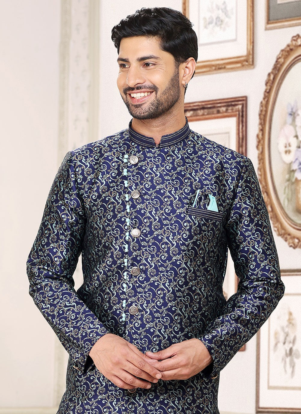 Fancy Work Banarasi Jacquard Blue Indo Western - M5216