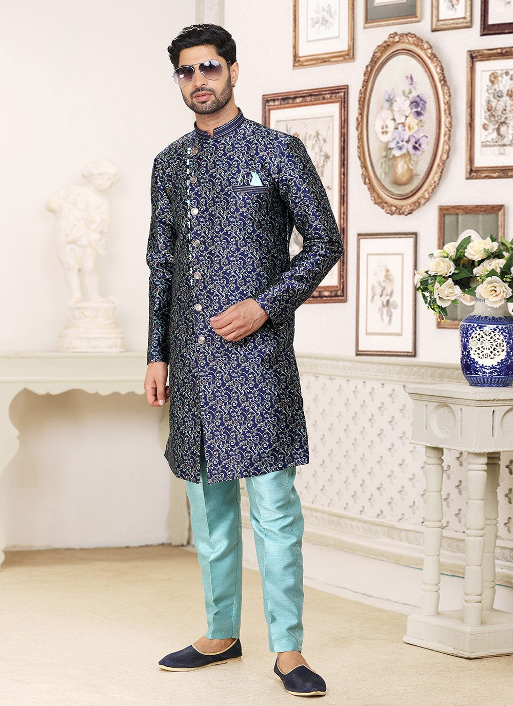 Fancy Work Banarasi Jacquard Blue Indo Western - M5216