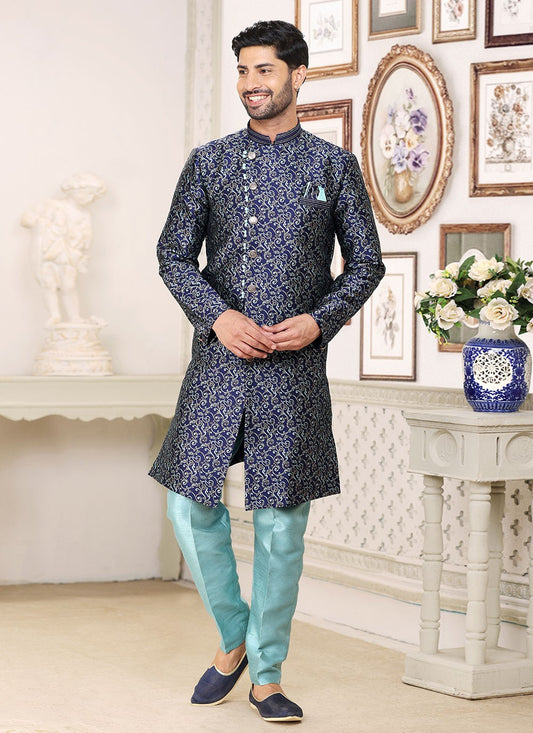 Fancy Work Banarasi Jacquard Blue Indo Western - M5216