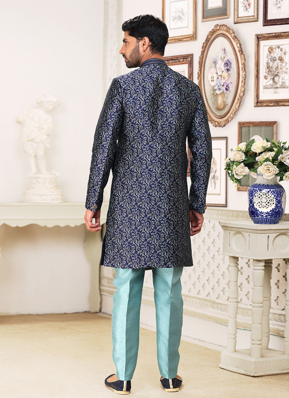 Fancy Work Banarasi Jacquard Blue Indo Western - M5216