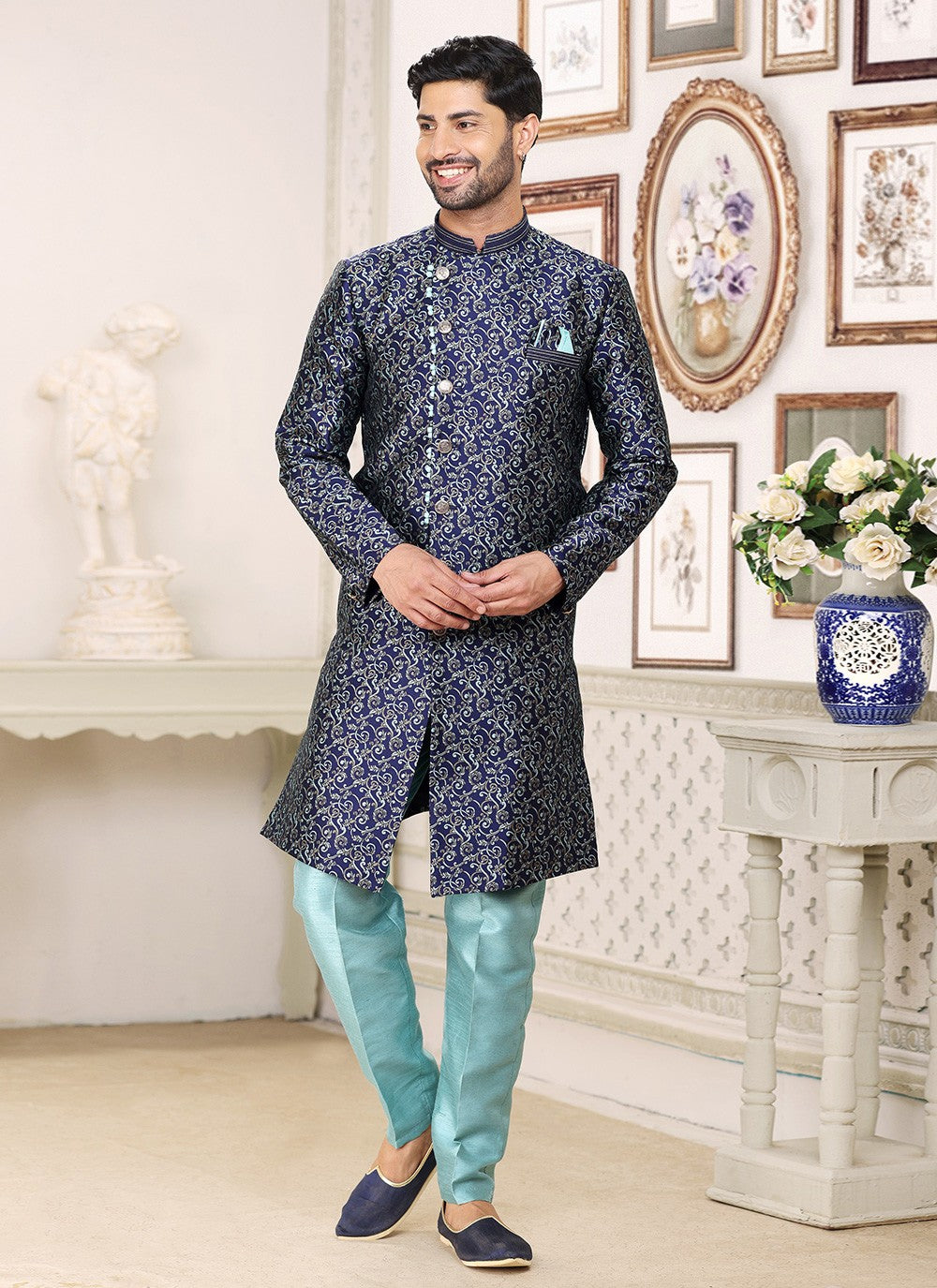 Fancy Work Banarasi Jacquard Blue Indo Western - M5255