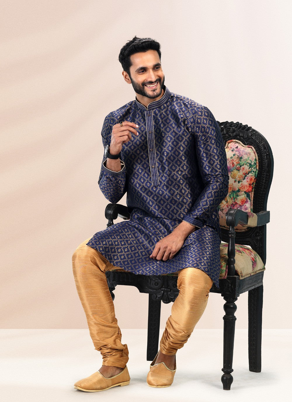 Fancy Work Banarasi Silk, Jacquard Blue Kurta Pyjama - M4838