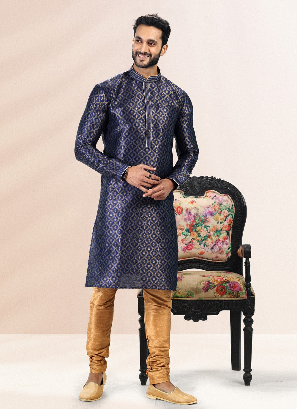 Fancy Work Banarasi Silk, Jacquard Blue Kurta Pyjama - M4838