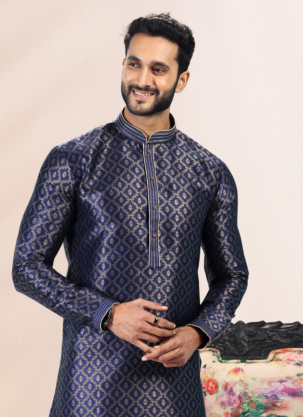 Fancy Work Banarasi Silk, Jacquard Blue Kurta Pyjama - M4838