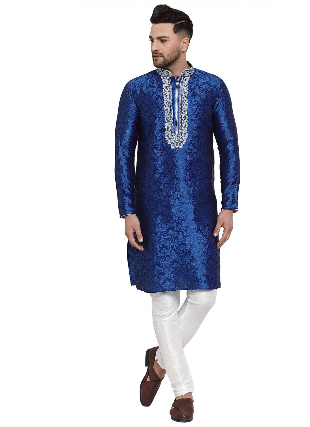 Embroidered Banarasi Silk Blue Kurta Pyjama - M1619