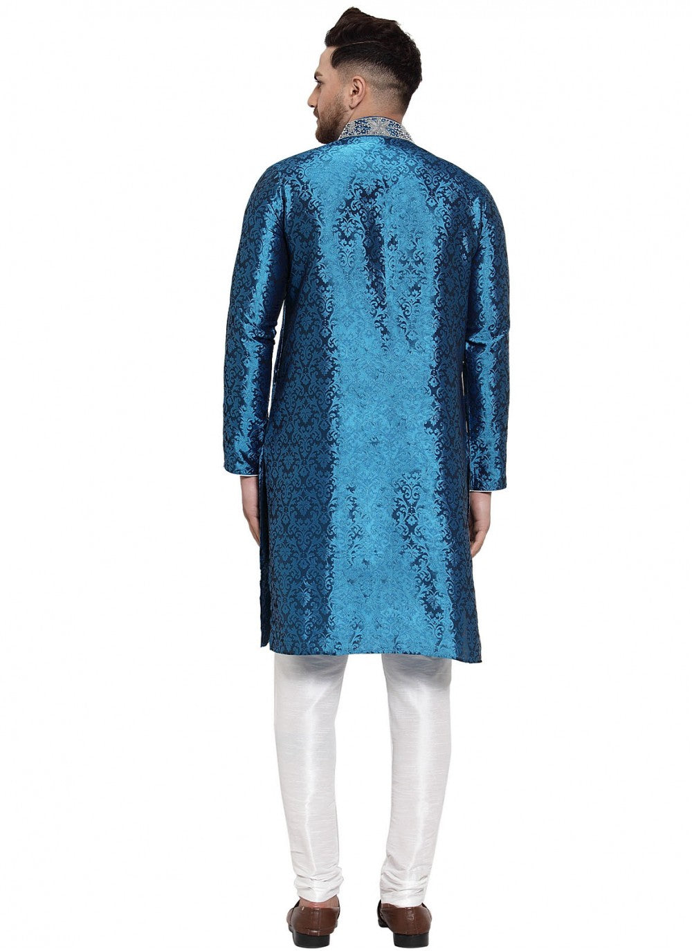 Embroidered Banarasi Silk Blue Kurta Pyjama - M1621