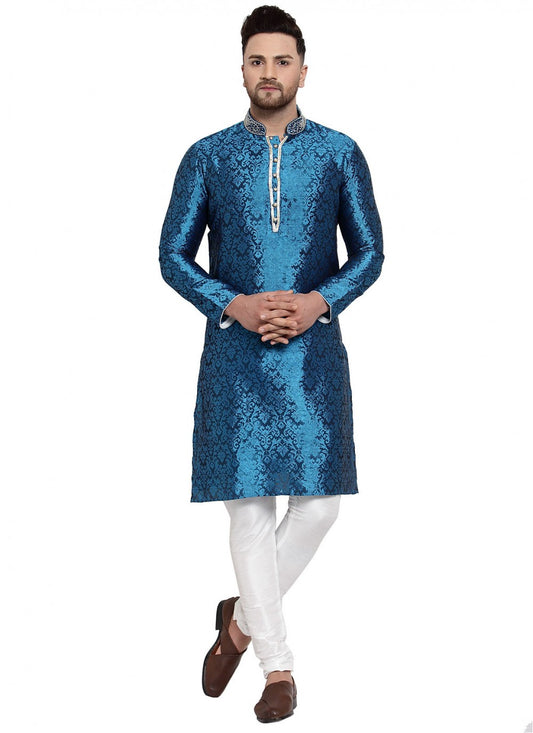 Embroidered Banarasi Silk Blue Kurta Pyjama - M1621