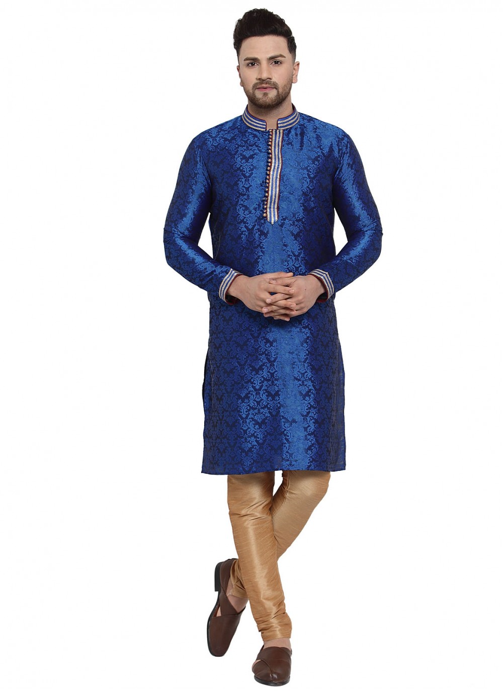 Embroidered Banarasi Silk Blue Kurta Pyjama - M1617