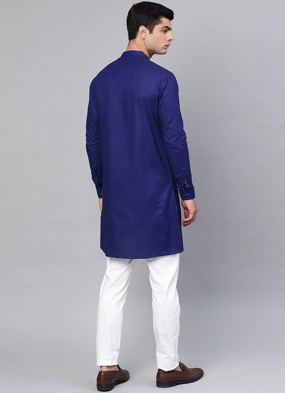 Plain Blended Cotton Blue Kurta Pyjama - M2448