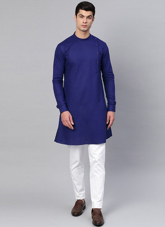 Plain Blended Cotton Blue Kurta Pyjama - M2448