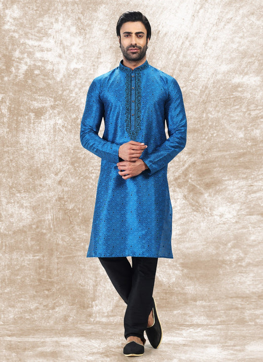 Fancy Work Brocade, Jacquard Silk Blue Kurta Pyjama - M4858