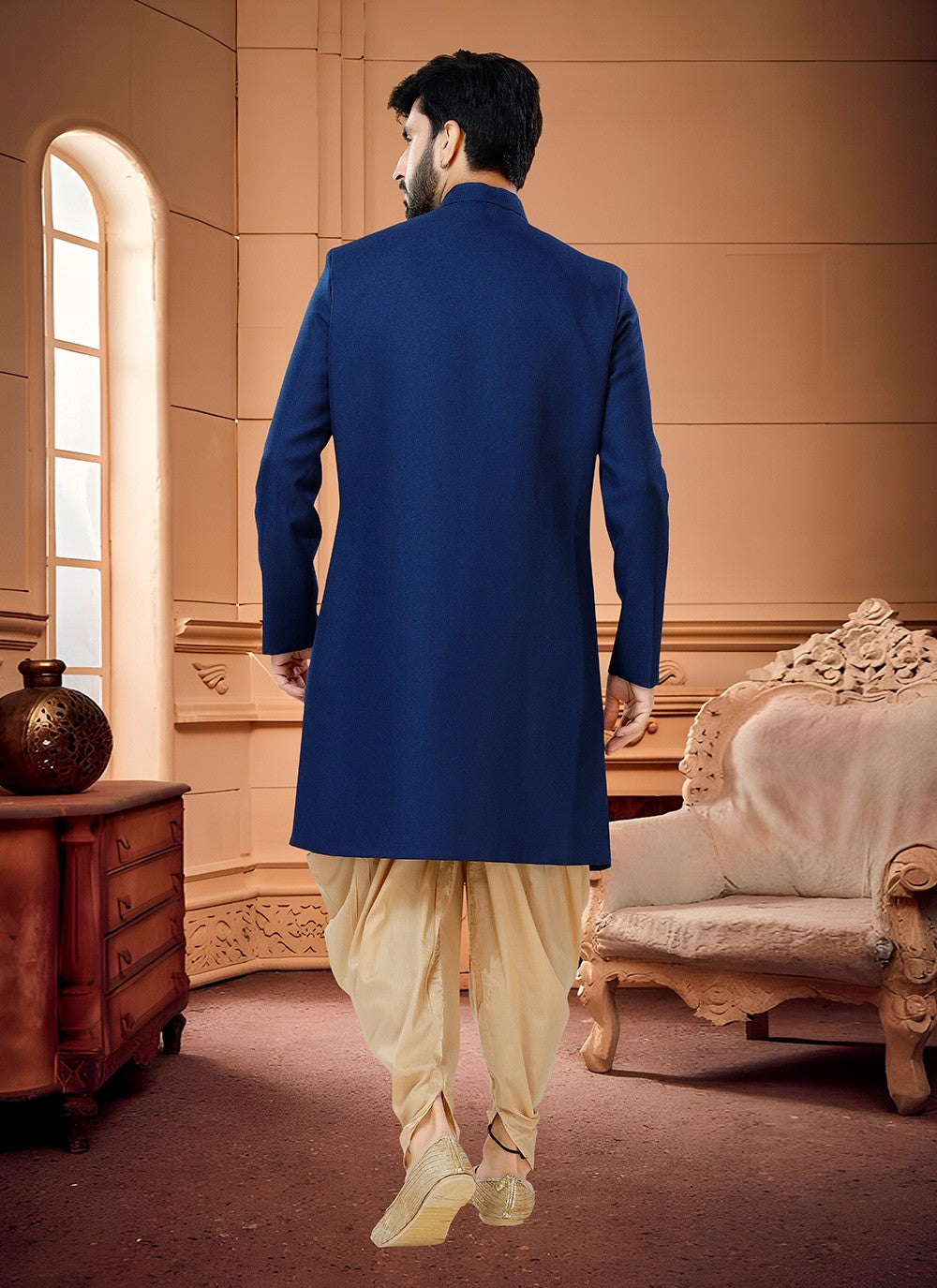 Buttons Fancy Fabric Blue Indo Western Sherwani - M4323