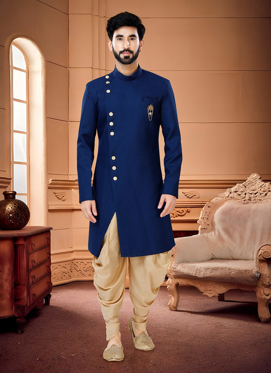 Buttons Fancy Fabric Blue Indo Western Sherwani - M4323