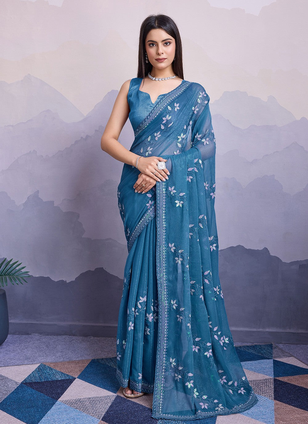 Trendy Embroidered Chiffon Saree - S8561