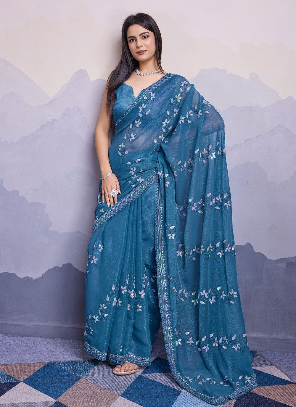 Trendy Embroidered Chiffon Saree - S8561