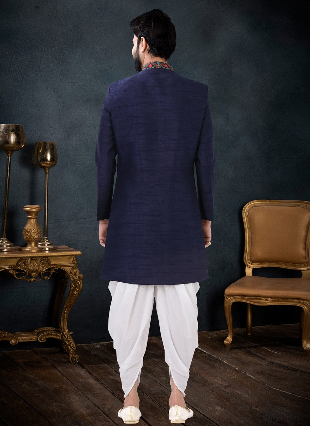 Fancy Work Cotton Silk , Silk Blue Indo Western - M4443