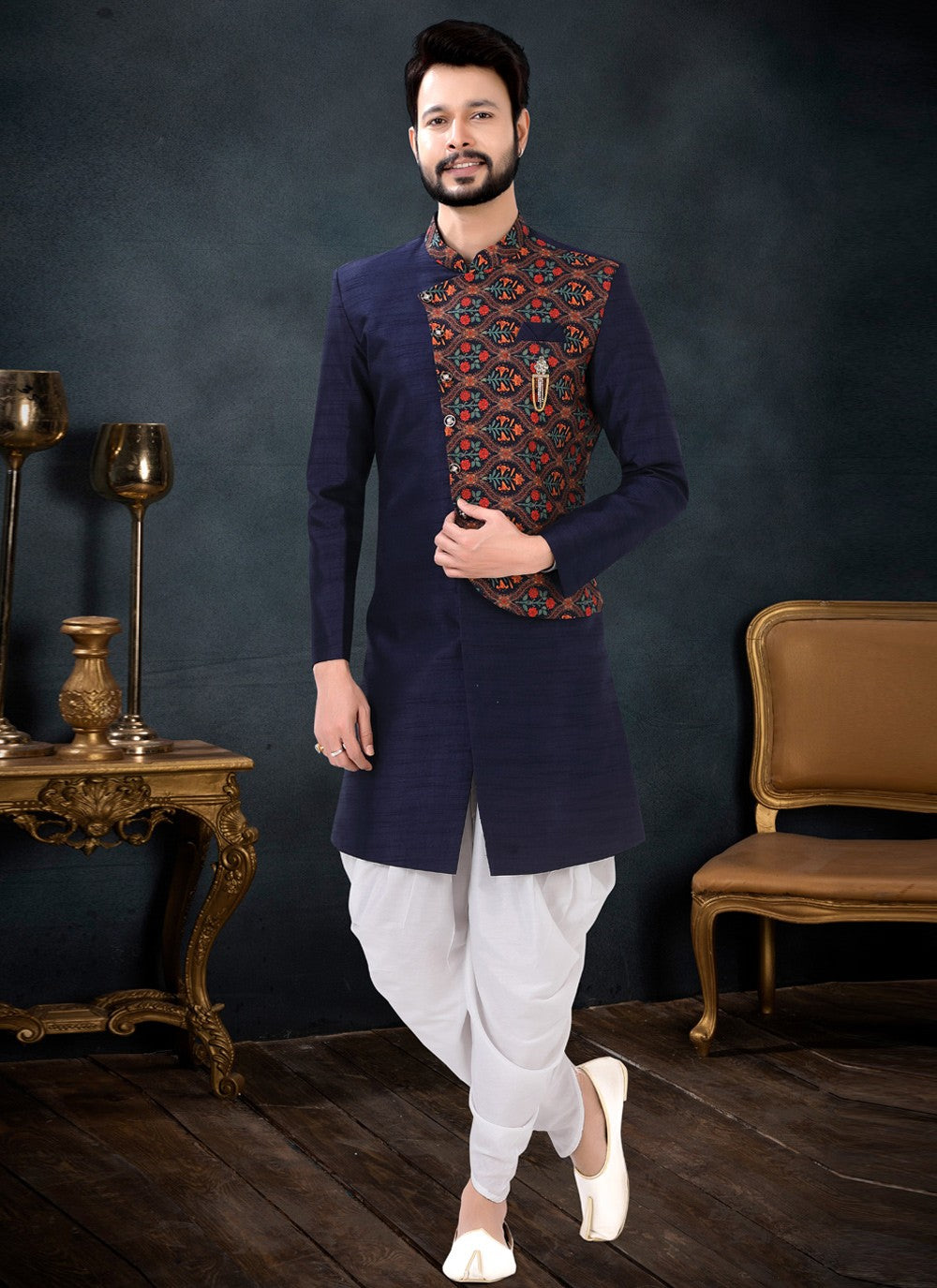 Fancy Work Cotton Silk , Silk Blue Indo Western - M4443