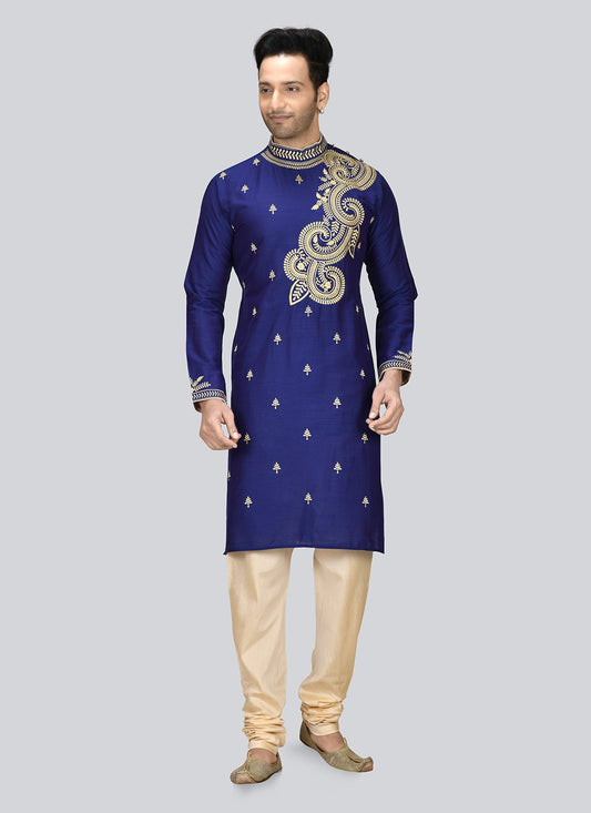 Embroidered Dupion Silk Blue Kurta Pyjama - M2348