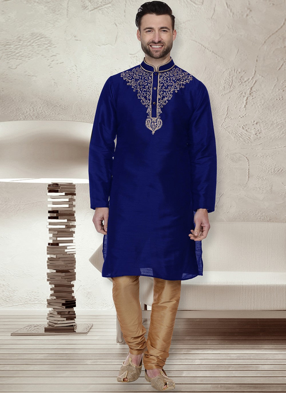 Embroidered Art Dupion Silk Blue Kurta Pyjama - M1229