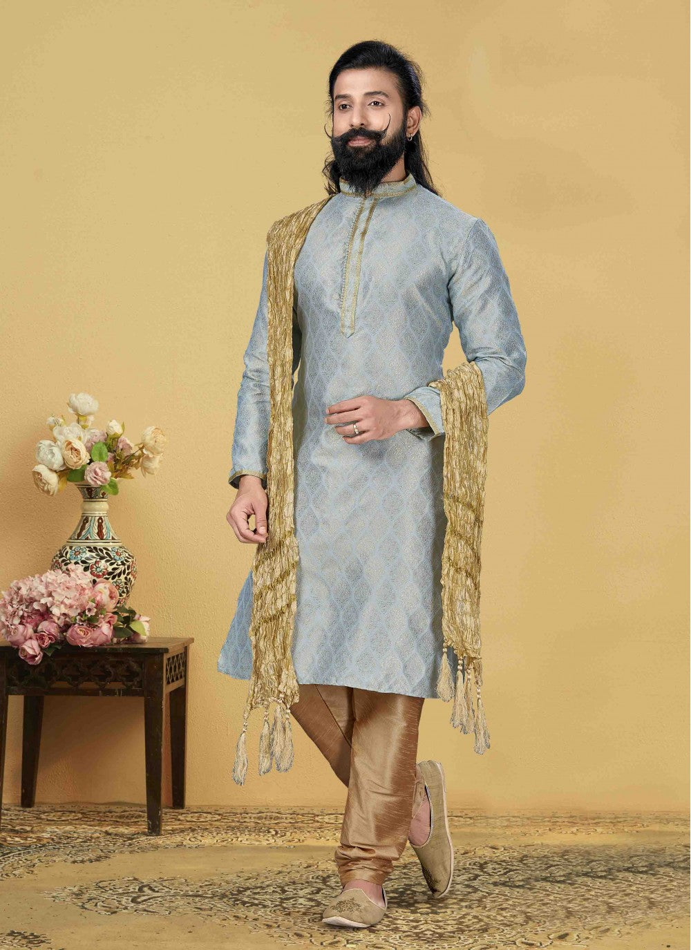 Embroidered Jacquard Silk Grey Kurta Pyjama - M1742