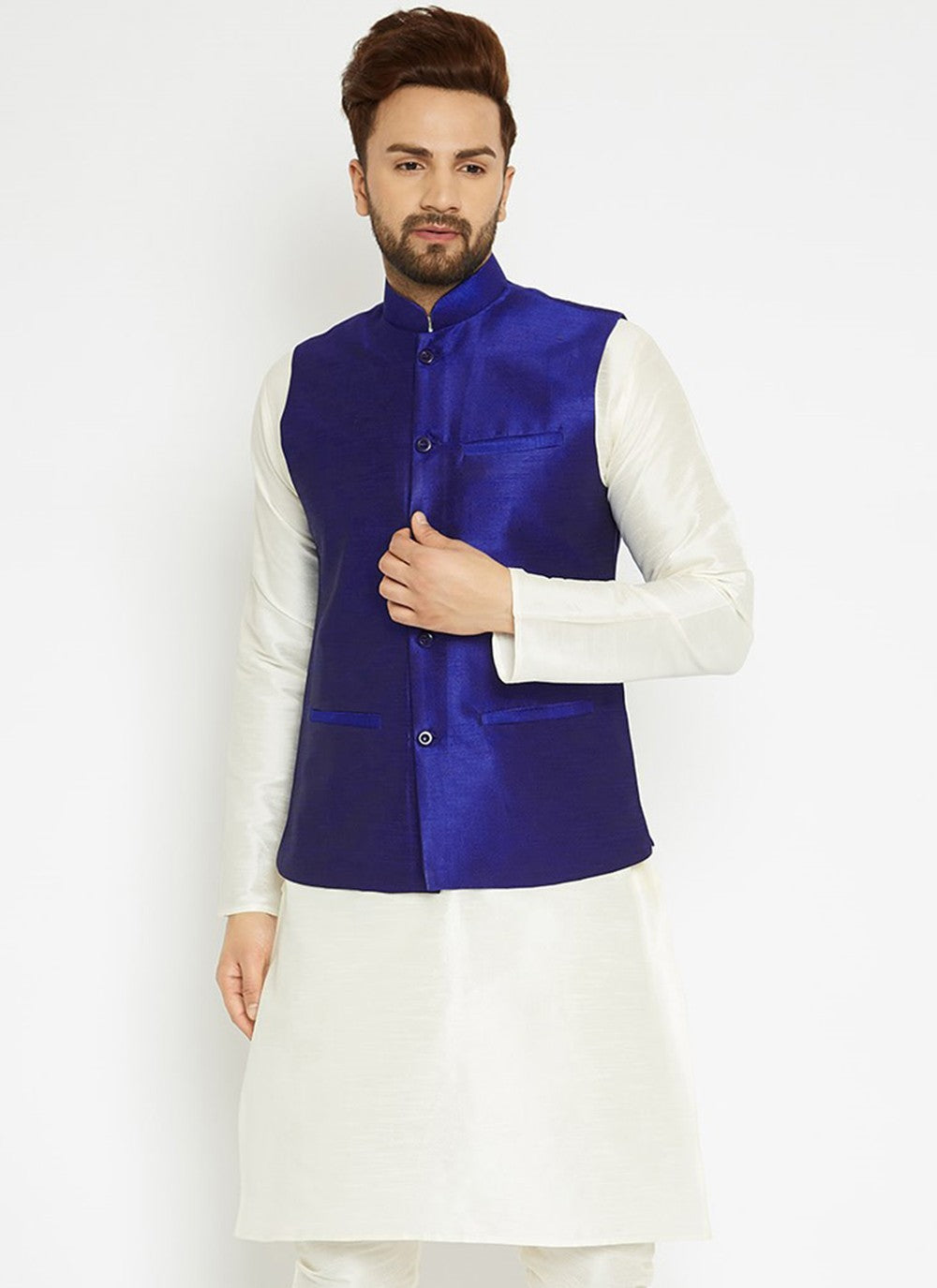 Buttons Dupion Silk Blue Nehru Jackets - M3221